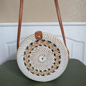 White and tan Woven Circle Bag